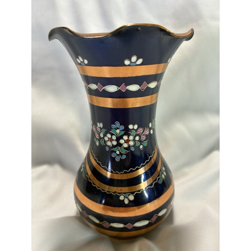 Vintage Gullstan Turkey Enameled Copper Vase Navy Blue Floral Cloisonne 5.5"